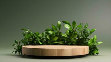 Cosmetics or beauty product promotion mockup. Natural wood step pedestal. Generative AI photo