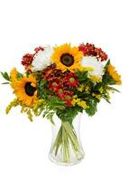 Beautiful huge bouquet of sunflowers with red garden chrysanthemums in vase on white background photo