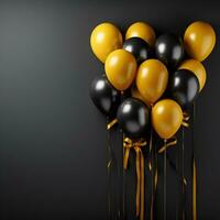 A large group of black and gold balloons float in the air photo