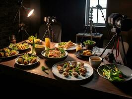 foto y vídeo disparo de comida en el estudio. profesional estudio equipo para comida fotógrafos