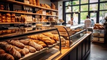 Confectionery bakery with showcases and fresh pastries in the rays of sunlight photo