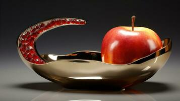 Rosh Hashanah is the concept of the Jewish holiday of the New Year. Bowl of apple with honey, pomegranate and candles are traditional symbols of the holiday. 3D rendering photo
