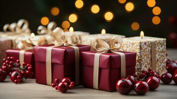 A festive Christmas scene with a red gift box wrapped in white polka dots, surrounded by red Christmas balls and candles. photo