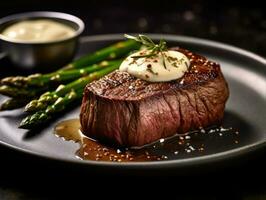 Steak with asparagus and mashed potatoes on plate in restaurant photo