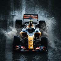 Formula 1 racing car in splashes of water on a track flooded with water. View from above photo