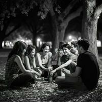 noche conversaciones, estudiantes unir en el parque para conexión foto
