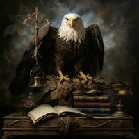 The concept of court and judicial justice. Attributes eagle, judge's scales, books photo