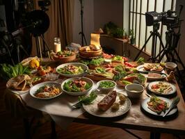 foto y vídeo disparo de comida en el estudio. profesional estudio equipo para comida fotógrafos