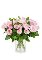 Beautiful huge bouquet of pink roses in vase isolated on white background photo