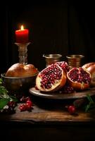 Rosh hashanah - the concept of the Jewish holiday of the New Year. Bowl of apple with honey, pomegranate and candles are traditional symbols of the holiday photo