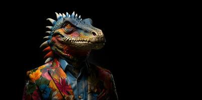 Creative animal concept. a dinosaur wearing a suit and tie on dark background, digital art, faceted, copy space. Generative AI photo