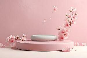 Modern background platform with pink product display  podium. stand show cosmetic product. Generative AI photo
