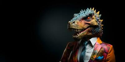 Creative animal concept. a dinosaur wearing a suit and tie on dark background, digital art, faceted, copy space. Generative AI photo