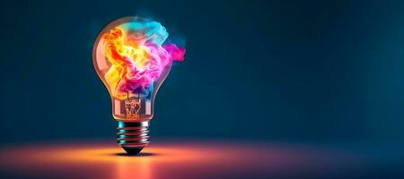 Creative light bulb explodes with colorful paint and splashes on a dark background. Think differently creative idea concept .generative ai photo