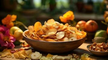 Mixed dried fruit and vegetable chips in a round ceramic plate, healthy eating photo