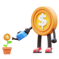 3D Money Coin Character watering money plant for Investment png