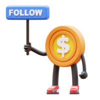 3D Money Coin Character Holding Follow Sign png