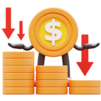 3d geld munt karakter tonen geld diagram vallend naar beneden png