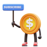 3D Money Coin Character Holding Subscribe Sign png