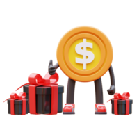 3D Money Coin Character Has Gifts png