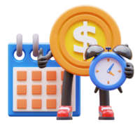 3d dinero moneda personaje haciendo un calendario para fecha límite png