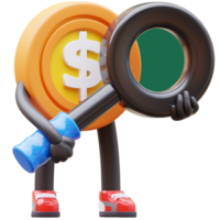 3d dinero moneda personaje con aumentador vaso png