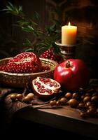 Rosh hashanah - the concept of the Jewish holiday of the New Year. Bowl of apple with honey, pomegranate and candles are traditional symbols of the holiday photo