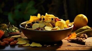 Mixed dried fruit and vegetable chips in a round ceramic plate, healthy eating photo