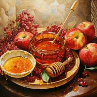 Still life for Rosh Hashanah - the concept of the Jewish New Year holiday. A bowl of apple with honey, pomegranate are traditional symbols of the holiday photo