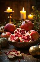 Rosh hashanah - the concept of the Jewish holiday of the New Year. Bowl of apple with honey, pomegranate and candles are traditional symbols of the holiday photo