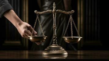 Concept of court and judicial justice. Attributes of the judiciary scales, books, hammer photo