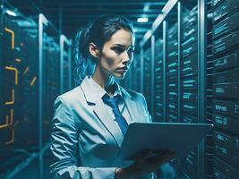 Computer engineer working in server room data center. Generative ai photo