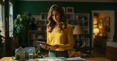 a woman is looking at a tablet while holding a model of a house. generative ai photo