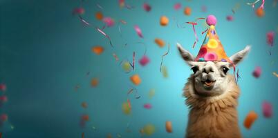 Creative animal concept. a llama wearing a party hat and confetti , digital art, faceted, copy space. Generative AI photo