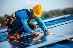 Solar power engineer installing solar panels on the roof. generative ai photo