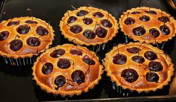 Ready-made cherry pie in large and small form after baking in an electric oven photo