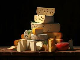 Still life showing a variety of Swiss cheeses, both whole and sliced, artfully stacked against a rustic dark wooden background. The cheeses come in a variety of textures, colors and shapes photo