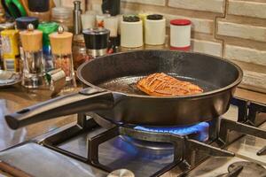 Duck breast is fried in frying pan on gas stove photo