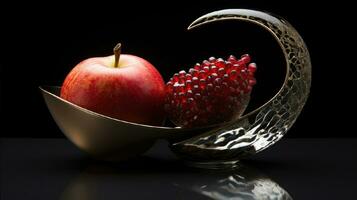 Rosh Hashanah is the concept of the Jewish holiday of the New Year. Bowl of apple with honey, pomegranate and candles are traditional symbols of the holiday. 3D rendering photo