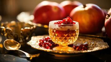 Rosh hashanah - jewish New Year holiday concept. Bowl an apple with honey, pomegranate are traditional symbols of the holiday photo