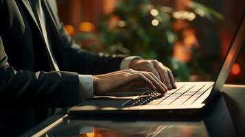 Close up of businessman hands typing on laptop keyboard. Close up of male hands typing on laptop keyboard. Business concept, AI Generative photo