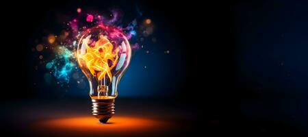 Creative light bulb explodes with colorful paint and splashes on a dark background. Think differently creative idea concept .generative ai photo