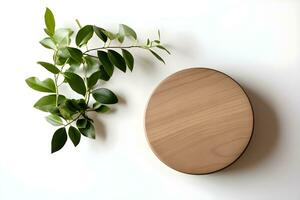Cosmetics or beauty product promotion mockup. Natural wood step pedestal. Generative AI photo