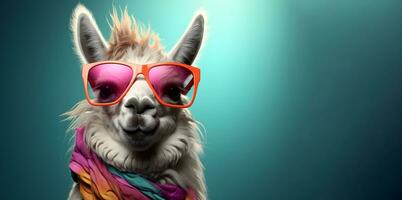 creativo animal concepto. un llama vistiendo Gafas de sol y un bufanda . Copiar espacio. generativo ai foto