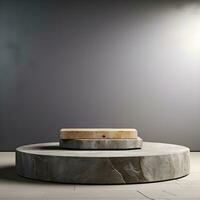 Light gray wall with a podium and beautiful lighting. Background for product presentation. Generative AI photo