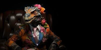 Creative animal concept. a dinosaur wearing a suit and tie on dark background, digital art, faceted, copy space. Generative AI photo