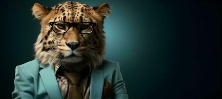 a leopard wearing glasses and a suit, copy space. generative ai photo