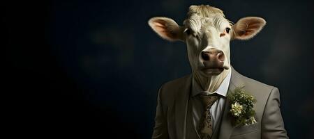 portrait of a cow wearing a suit and tie, copy space. generative ai photo