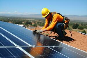 Solar power engineer installing solar panels on the roof. generative ai photo