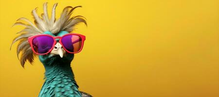 creativo animal concepto. un pavo real vistiendo Gafas de sol en un amarillo fondo, digital arte, facetado, Copiar espacio. generativo ai foto